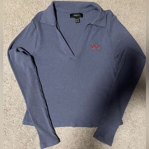 Ribbed V-Neck Long Sleeve Top with Cherry Detail - Blue